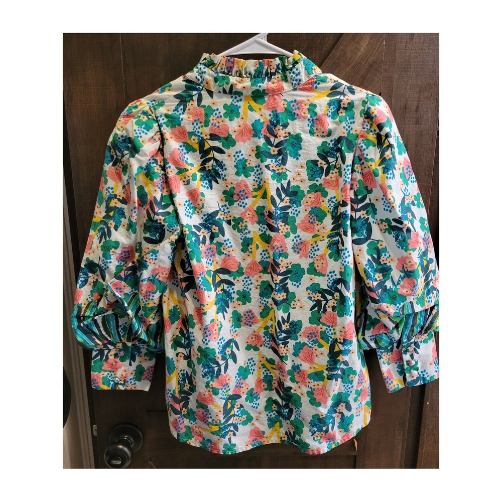 Emily Lovelock Floral Cactus Print Puff Sleeve Ruffle Neck Blouse XS US 2-4 - Picture 7 of 13